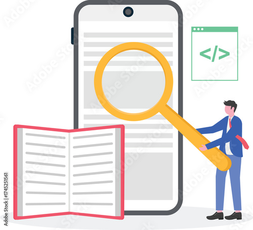 Web development courses, mobile app development and IT management classes concept with tiny people.
