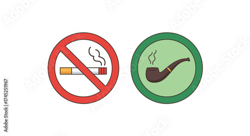 Smoking prohibition and allowance signs featuring cigarette and pipe illustrations