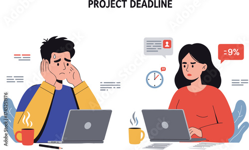 Project deadline stress, overworked employees illustration, office pressure concept, worried people using laptops, negative performance