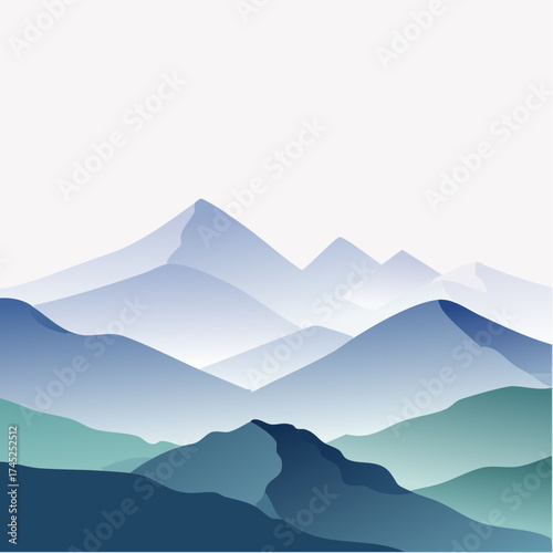 Serene vector mountain landscape illustration featuring misty peaks and tranquil layered hills, perfect for peaceful minimalist design backgrounds and breathtaking natural scenery