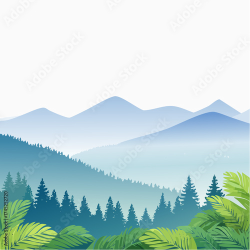 A tranquil vector illustration of a layered blue mountain landscape with a dense pine forest and misty valleys in the background