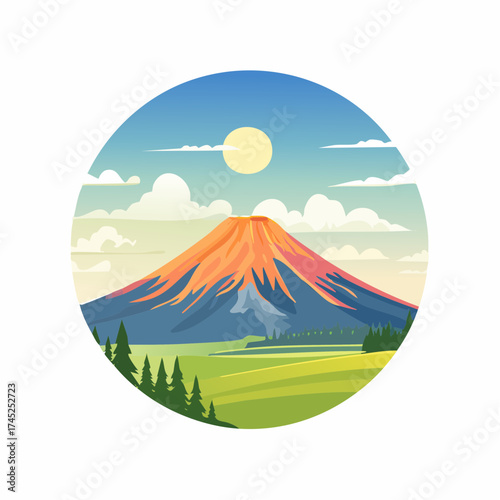 Circular vector illustration of a majestic snow-capped mountain glowing with sunset light, surrounded by lush green fields and pine trees