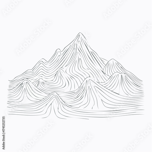 Minimalist vector line art of an abstract mountain landscape, depicting a serene and majestic nature scene with elegant peaks and valleys, ideal for design elements and tranquil graphic backgrounds