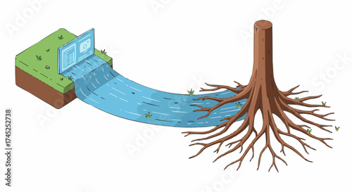 Conceptual isometric illustration showing a digital stream flowing from a screen to nourish the roots of a large tree, symbolizing the integration of technology and nature