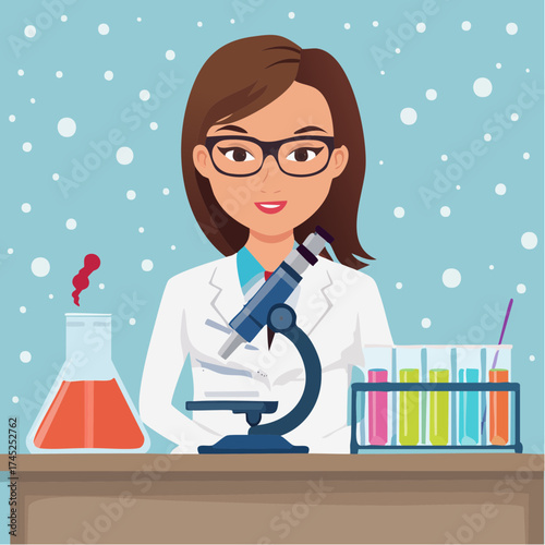Female scientist in a laboratory conducting research with a microscope and chemical test tubes