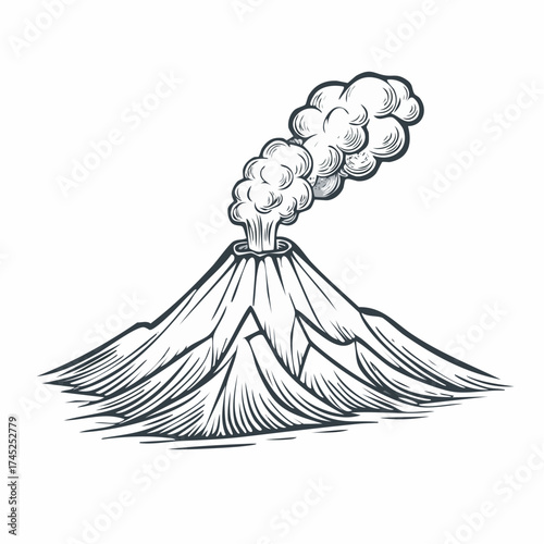 Dramatic vector illustration of an erupting mountain volcano, spewing smoke and ash into the sky, showcasing the raw power of nature in a stylized hand-drawn art style