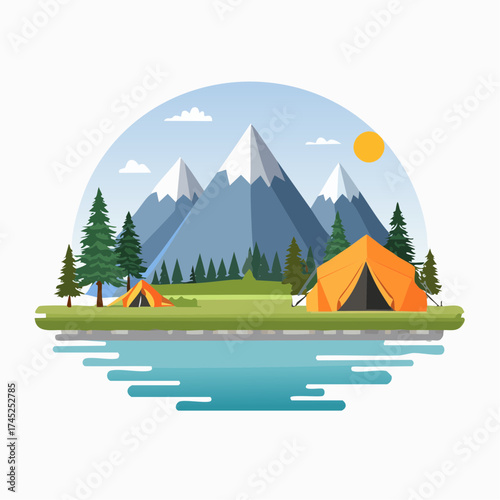 Mountain vector illustration of a camping scene with tents, trees, lake, and majestic peaks