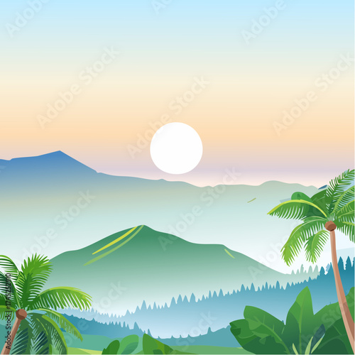 Vibrant vector landscape featuring serene mountain peaks and lush tropical palm trees bathed in golden light, evoking a peaceful natural environment at dawn or dusk