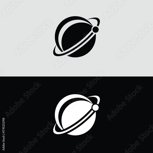 Minimalist planet logo design with orbiting rings, perfect for modern brands, technology startups, or innovative space exploration initiatives isolated on white background