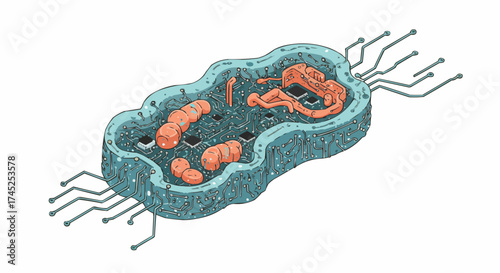 Bio-integrated cell illustration combining organic structures with microelectronic circuits, symbolizing synthetic biology, bioengineering, and future cybernetic system advancements
