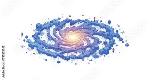 Conceptual artwork of a pixelated spiral galaxy with observers on its arms, representing big data and exploration
