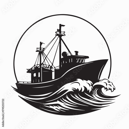 Fishing trawler on the waves silhouette vector isolated on white background