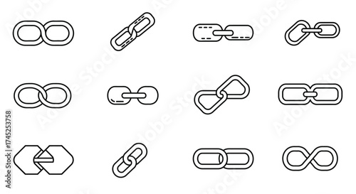 Various black and white line art depictions of connected chain links