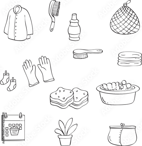 Collection of hand-drawn doodles featuring wash day and cleaning essentials. Includes shirt, gloves, brush, detergent, sponge, bucket, towel, potted plant, and laundry accessories