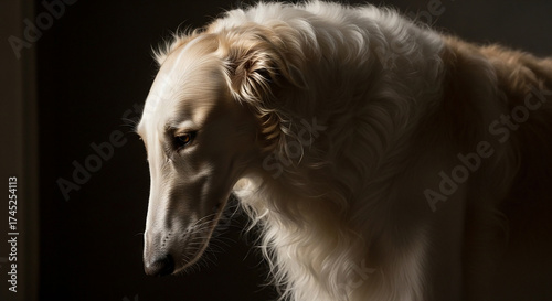 Close-up Dramatic Portrait of a Borzoi Dog on Black Background