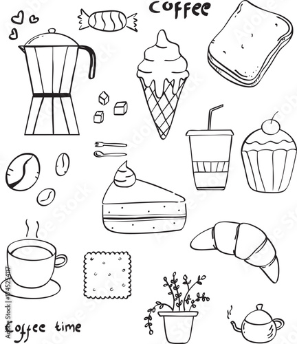 Hand-drawn doodle illustration of coffee and breakfast items. Includes coffee cup, croissant, cake, ice cream, toast, coffee pot, candy, and potted plant