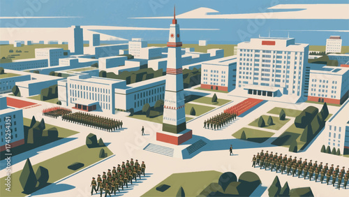 Illustration Of The Juche Tower Towering Over A Military Parade And Grand Buildings Vector Design Template