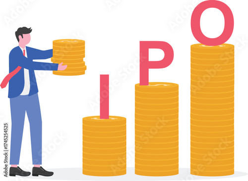 Initial public offering, stock market debut, investor excitement concept with character
