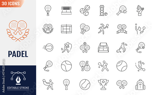 Padel line Editable Icons set. Containing Icons. racket, court, ball, and more. Vector illustration