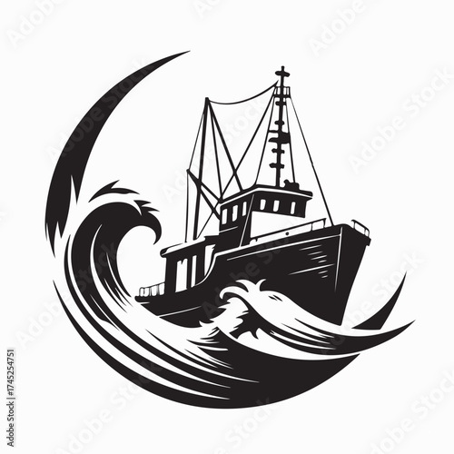 Fishing trawler on the waves silhouette vector isolated on white background