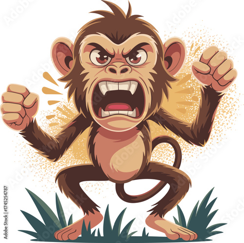 Angry cartoon monkey showing fists, fierce animal expression, jungle wildlife illustration, aggressive primate character, funny angry ape mascot design