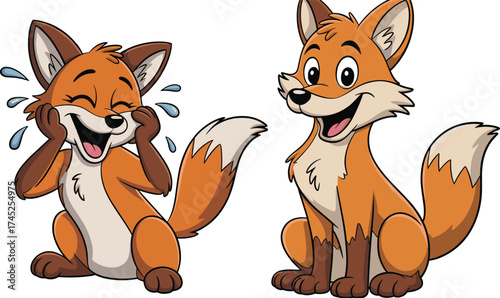 Cute cartoon fox characters laughing and smiling, playful animal illustration, woodland creature, adorable mascot design, cheerful wildlife art for kids