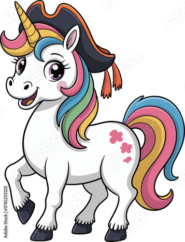 Cute cartoon unicorn with rainbow mane wearing pirate hat, fantasy animal illustration, magical fairytale creature, colorful children character art