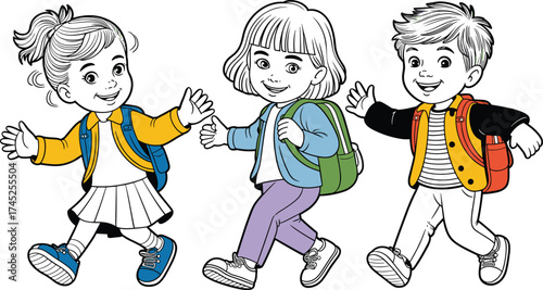 Happy cartoon children walking to school with backpacks, diverse kids illustration, education, friendship, childhood learning concept, back to school design