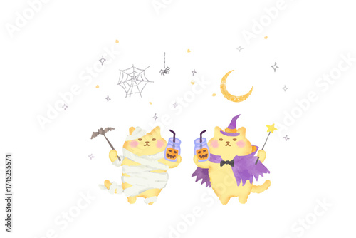 ハロウィン・仮装してパンプキンジュースを持つ可愛い猫のベクターイラスト素材／水彩風
