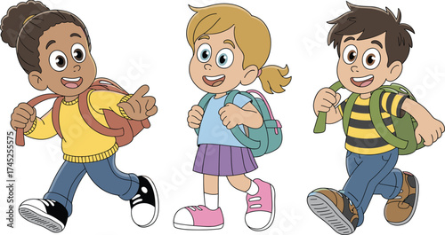 Happy cartoon children walking to school with backpacks, diverse kids illustration, education, friendship, childhood learning concept, back to school design