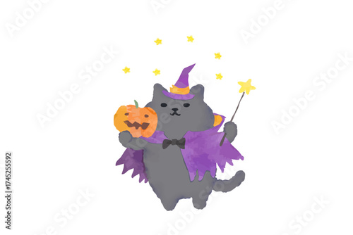 ハロウィン・仮装してかぼちゃを持つ可愛い猫のベクターイラスト素材／水彩風