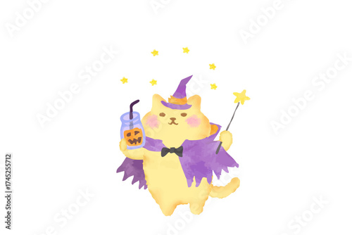 ハロウィン・仮装してパンプキンジュースを持つ可愛い猫のベクターイラスト素材／水彩風