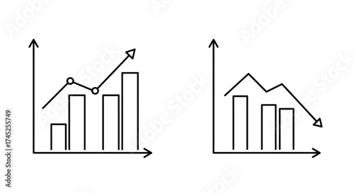 Line and bar graphs illustrate growth and decline in data trends