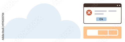 Cloud and warning prompt with error sign over modal dialog, confirmation button, and loading bar. Ideal for cloud computing, error management, data processing, user interface, alert design