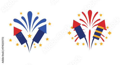 Colorful firework displays with red blue and yellow bursts and stars