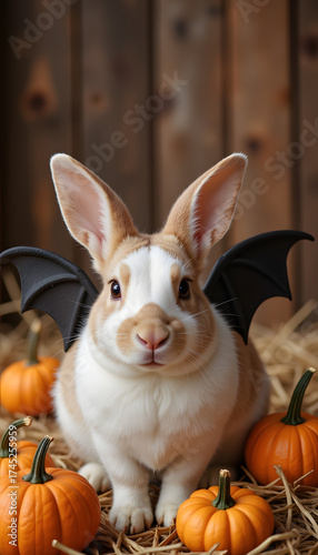 Playful rabbit with bat wings surrounded by pumpkins, whimsical charm