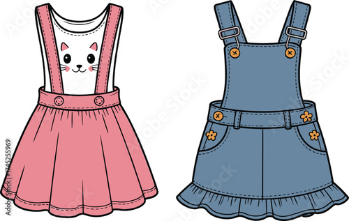 Children’s pink cat face dress and denim overall with floral pockets, fashion illustration, CAD drawing, flat vector style design