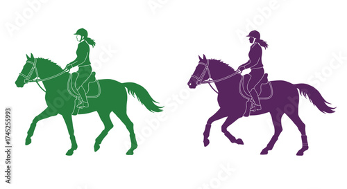 Silhouettes of horse riders in green and purple hues are displayed