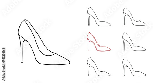 Simple line drawings of high heeled shoes in various perspectives