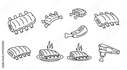 Hand drawn barbecue ribs set food elements delicious meat cooking ingredient design asset vector