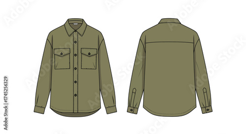 Olive green long sleeve shirt technical fashion illustration front and back view