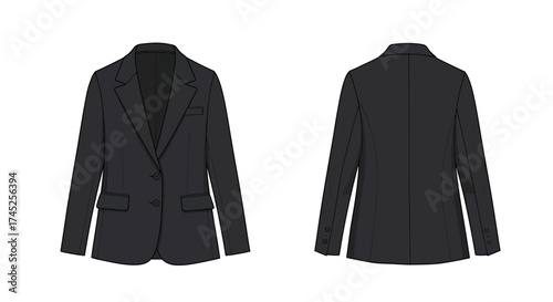 A black blazer fashion sketch displaying front and back views