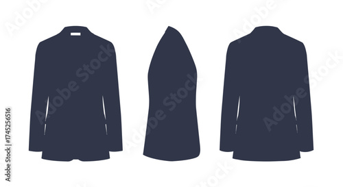 Technical fashion illustration of a navy blue women s blazer design
