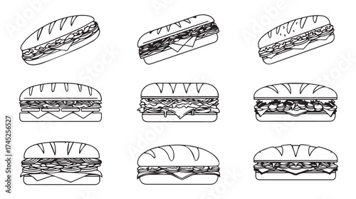 Collection of hand drawn delicious sandwiches and subs isolated for food graphics and design vector