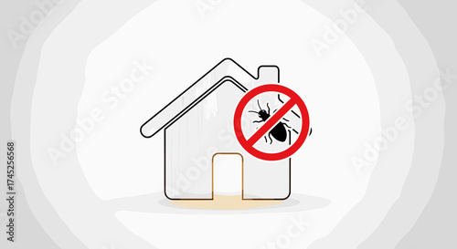 Termite treatment emblem displayed with small home. Termite treatment includes eradication of insects, pest control to ensure no termites infest property, and building safety.