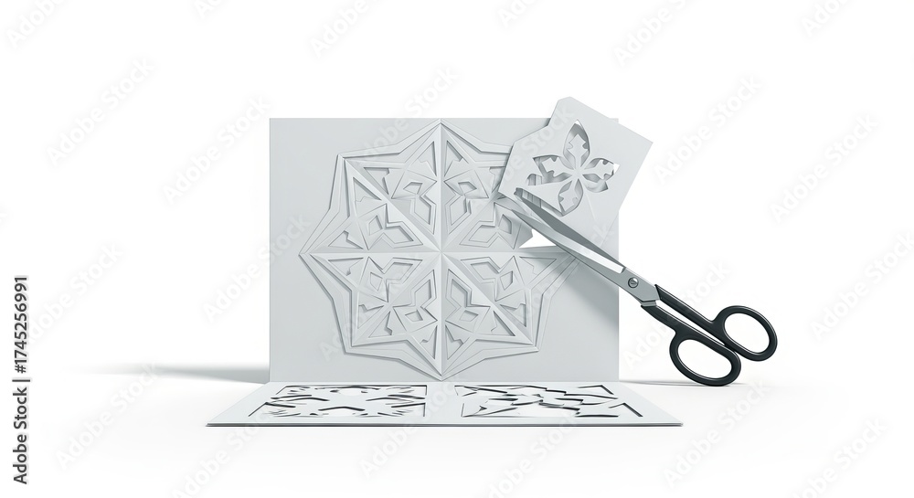 Obraz premium Geometric Pattern Cutting: The scene showcases a meticulous cutting process applied to a sophisticated embossed design, the precise scissors delicately separating the pattern, suggesting precision.
