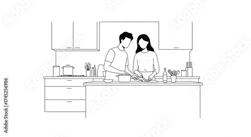 Couple preparing food together in a minimalist style kitchen setting