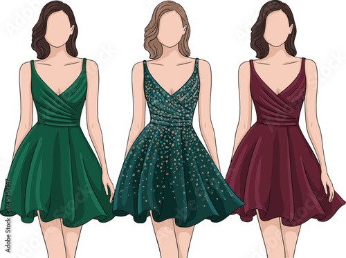 Dark green sleeveless dress, dotted green party dress, burgundy flared dress, elegant women fashion clothing, stylish apparel design, cad drawing flat vector illustration