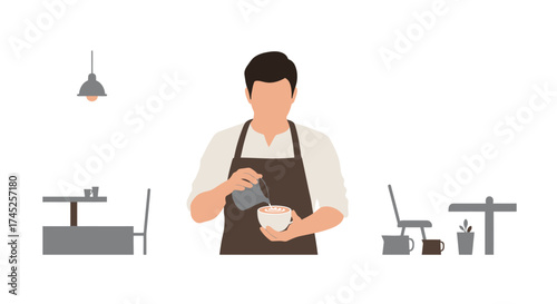 Barista preparing a latte art coffee in a modern cafe setting