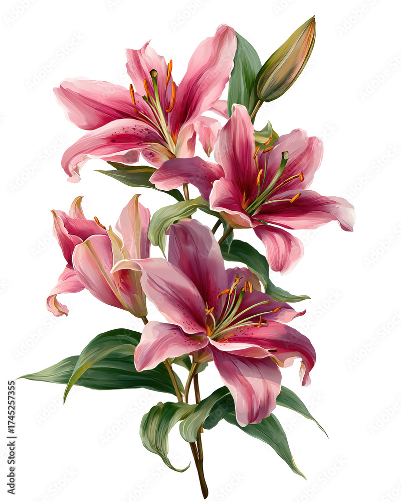 Naklejka premium Bouquet of Pink Lilies with Long Green Leaves in Luxurious Floral Arrangement on Transparent Background